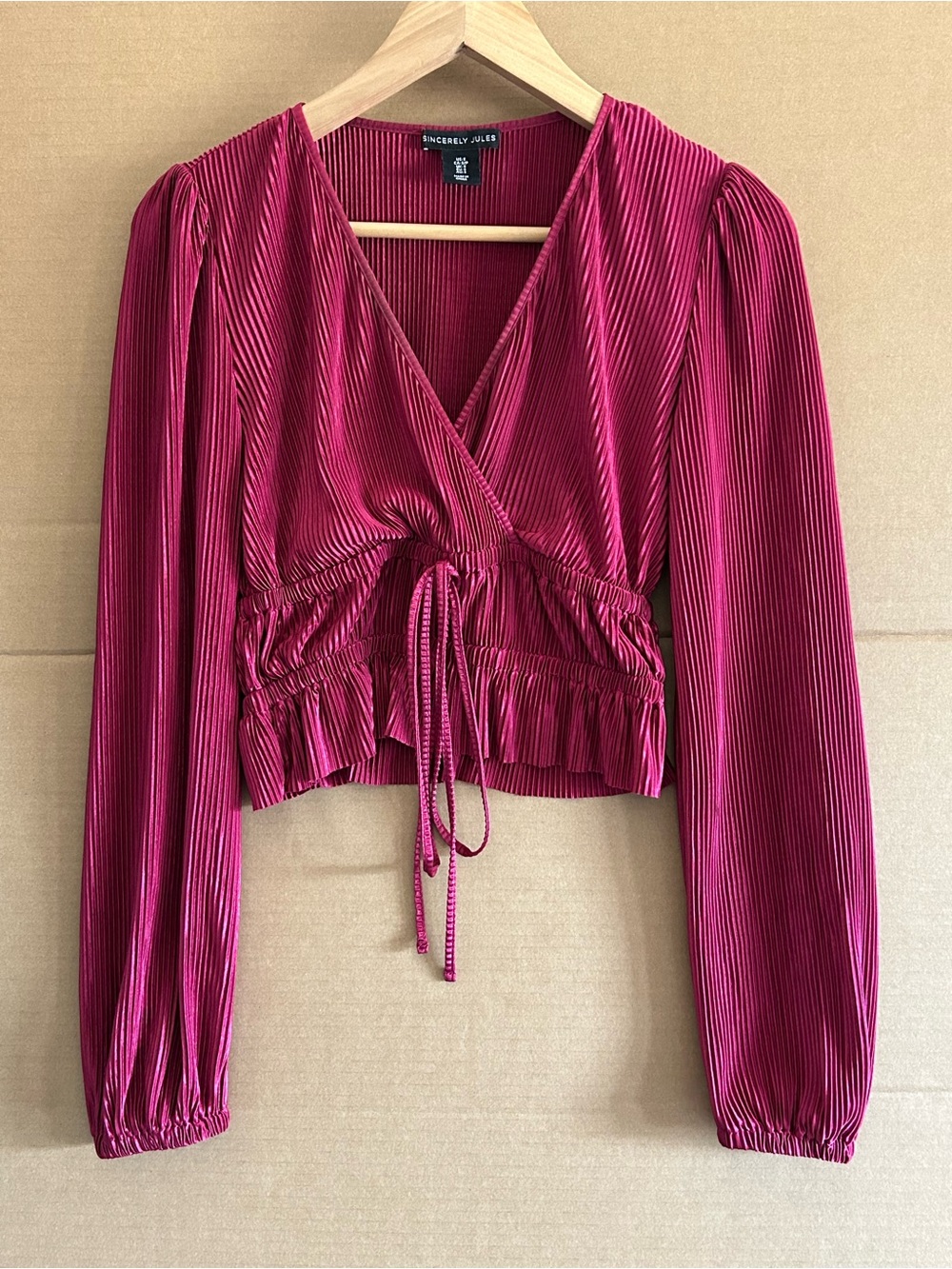 Sincerly Jules Pleated Crop Top Faux Wrap V-Neck Coquette Small Burgundy Y2K